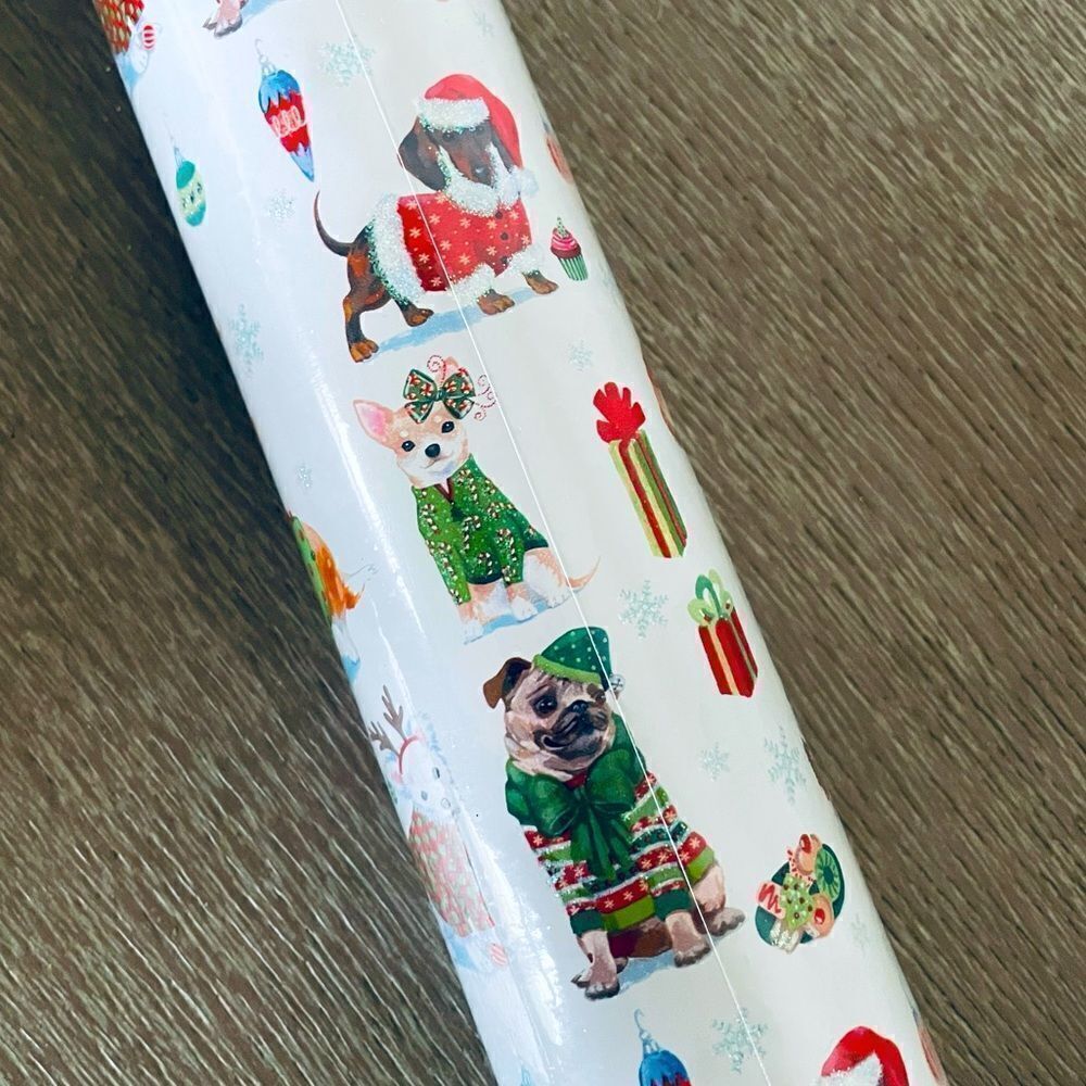 NWT Christmas Lifelike Dogs Glitter Gift Wrap Wrapping Paper Roll